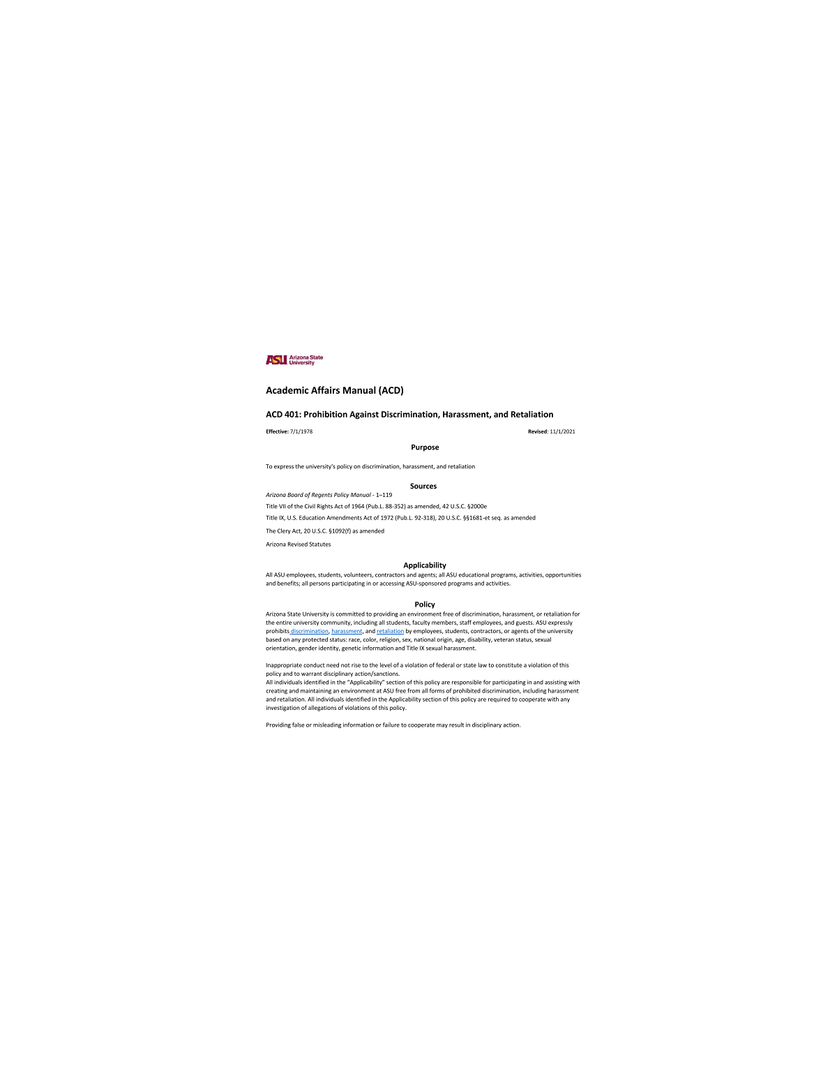 ACD401: Prohibition Against Discrimination, Harassment, and Retaliation